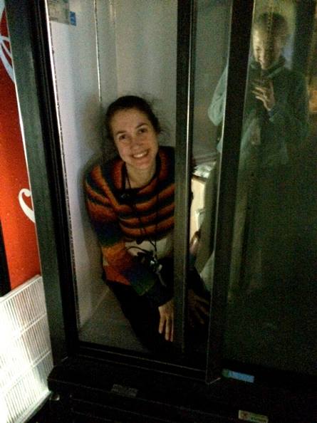 Jessie in a fridge Fashion Week